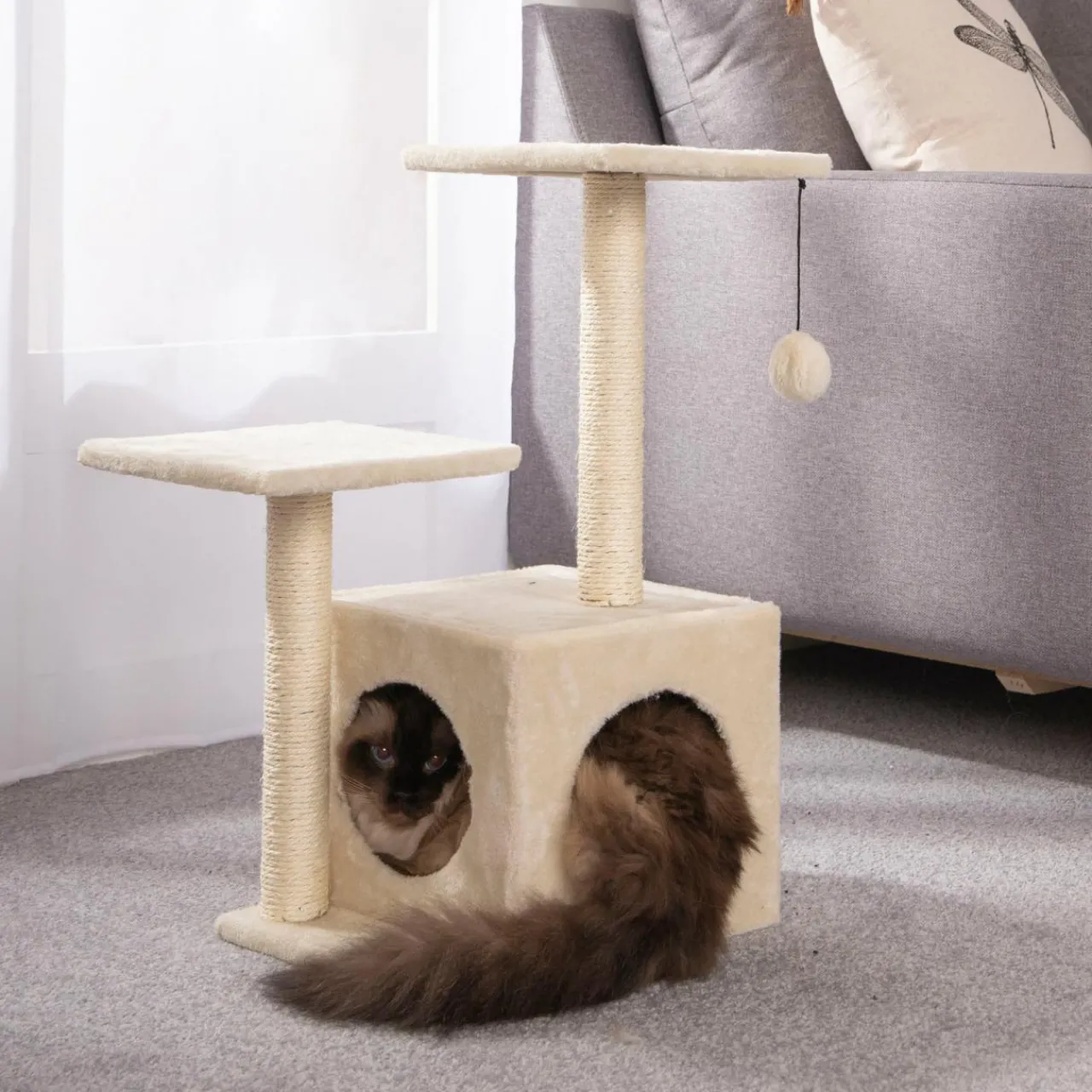 Arbre À Chat, Griffoir|LOVE STORY Arbre à chat avec jouet et niche Ecru