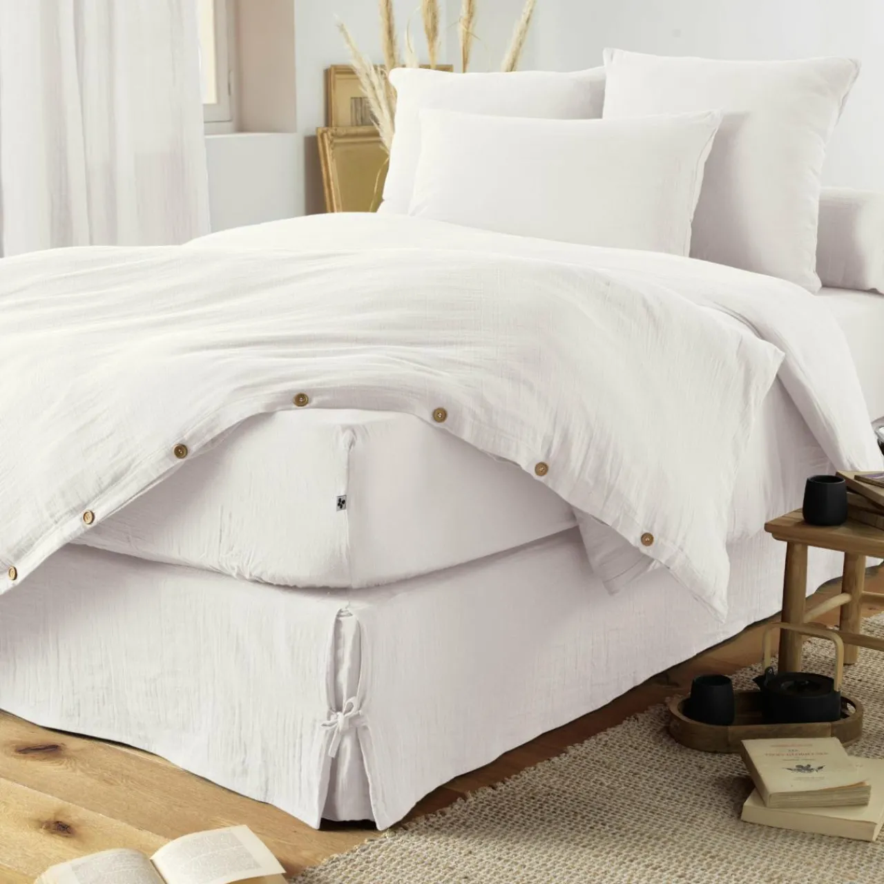 Protection De Literie|EMINZA Cache-sommier Gaze de coton (160 x 200 cm) Gaïa chantilly Blanc