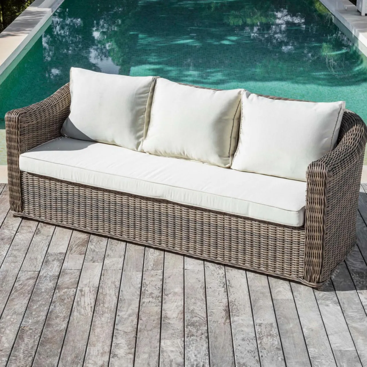 Canapé, Fauteuil Et Table Basse|MOBELLIA Canapé de jardin en résine tressée 3 places Calvi Sépia et beige Tressé Sepia - Beige