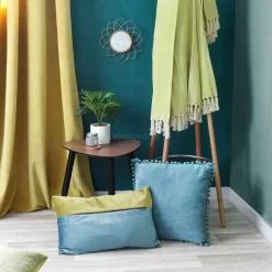 Coussin Et Housse|ATMOSPHERA Coussin carré (40 x 40 cm) Pompons Bleu canard