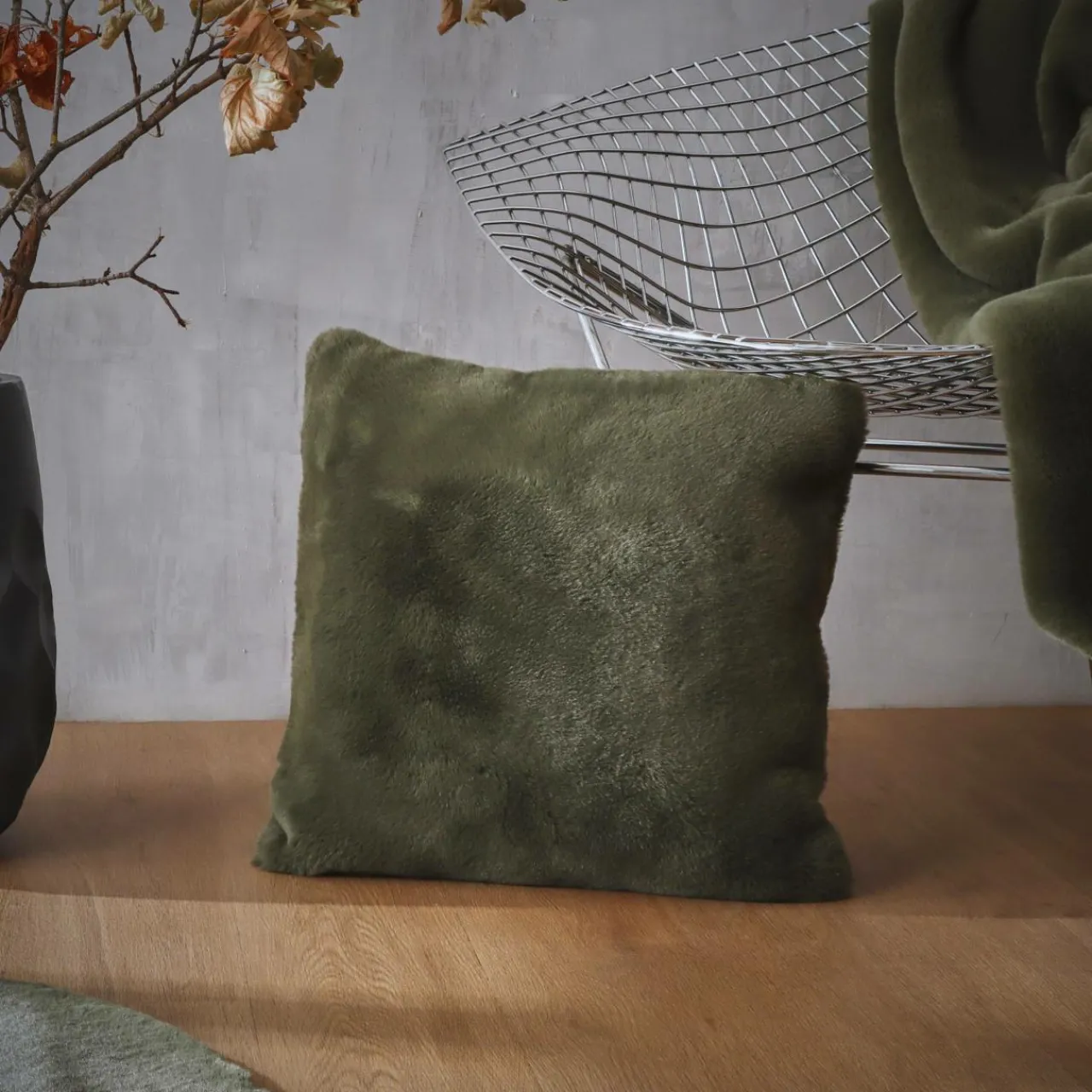 Coussin Et Housse|EMINZA Coussin carré fausse fourrure (45 x 45 cm) Finn Vert kaki