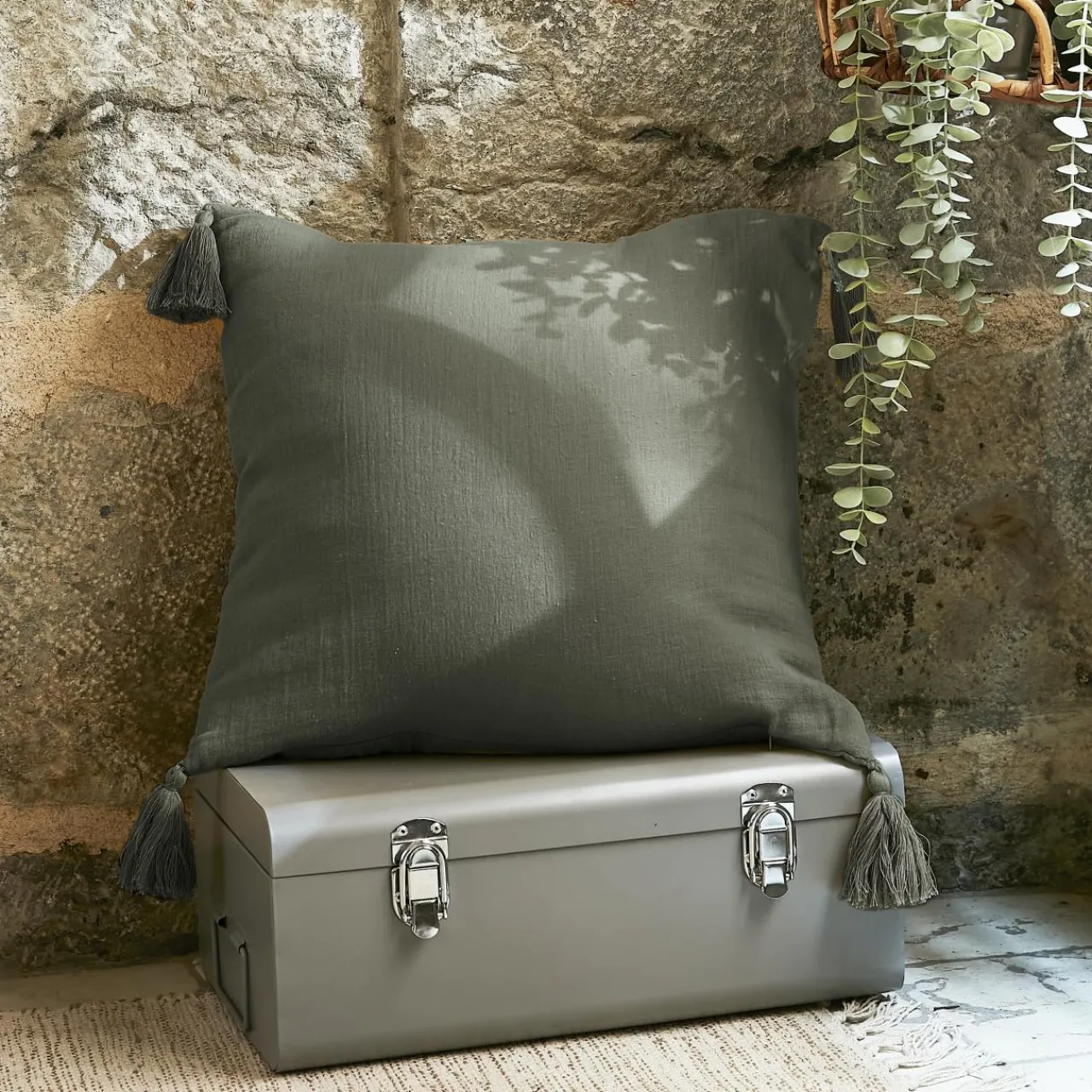 Coussin Et Housse|EMINZA Coussin carré gaze de coton (40 x 40 cm) Gaïa Vert romarin