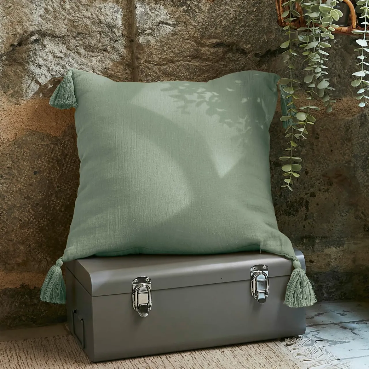Coussin Et Housse|EMINZA Coussin carré gaze de coton (40 x 40 cm) Gaïa Vert Eucalyptus