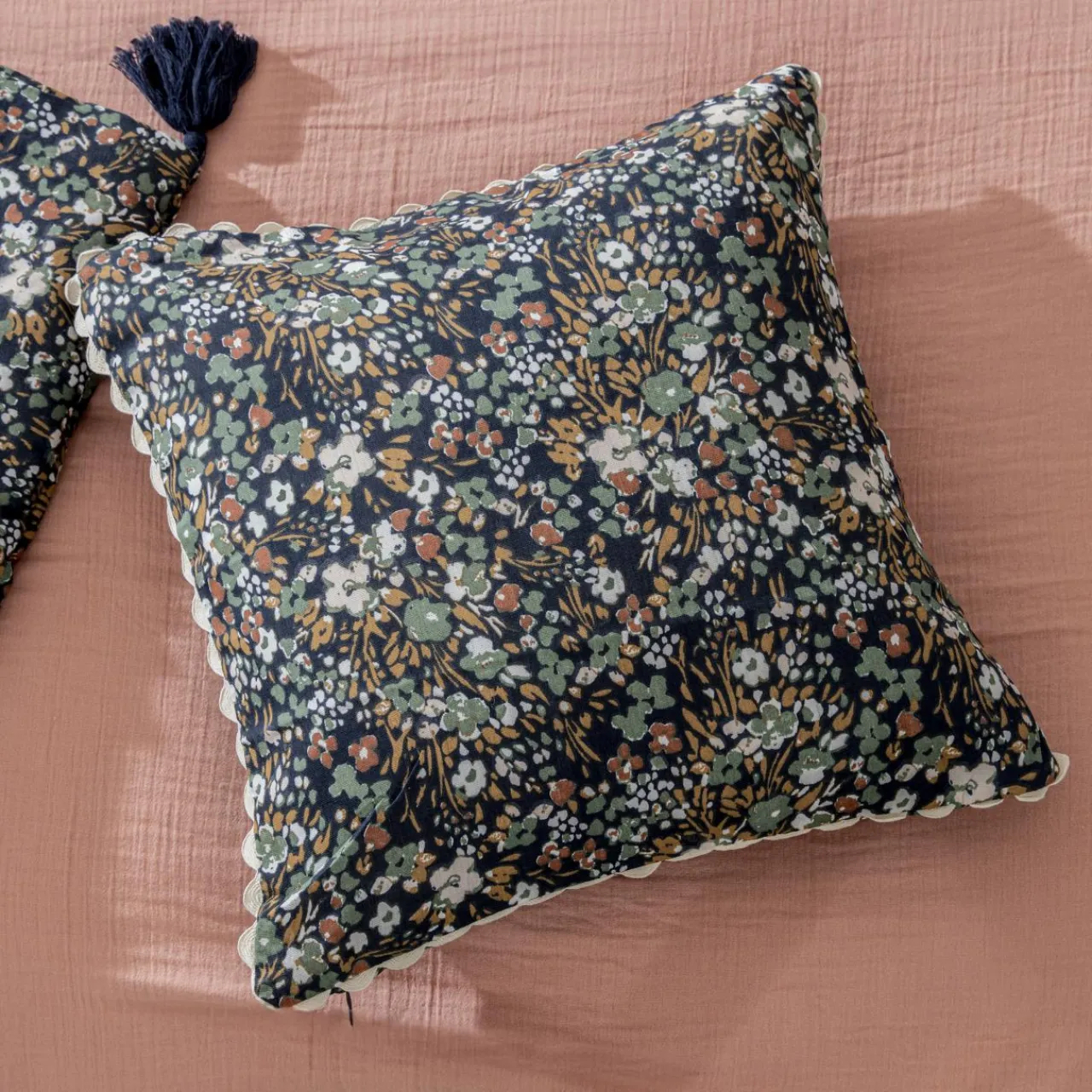Coussin Et Housse|EMINZA Coussin carré gaze de coton (40 x 40 cm) Constance Bleu nuit