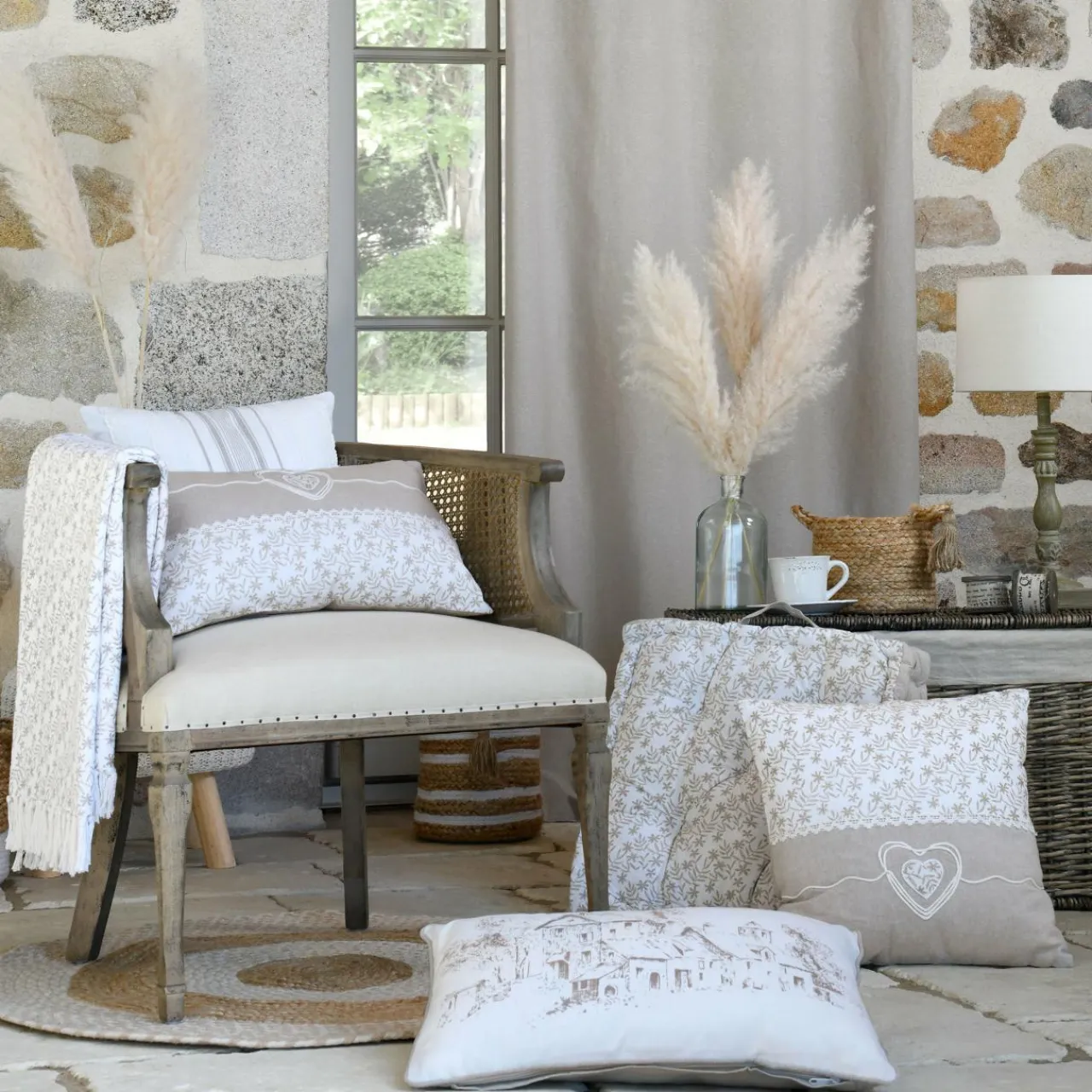 Coussin Et Housse|LOVELY CASA Coussin rectangulaire coton (50 cm) Sophie Ecru