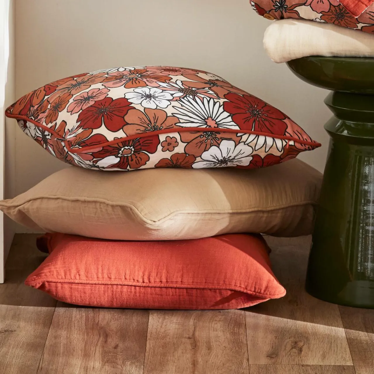 Coussin Et Housse|EMINZA Coussin rectangulaire en gaze de coton (40 x 60 cm) Gaïa Azalée Terracotta