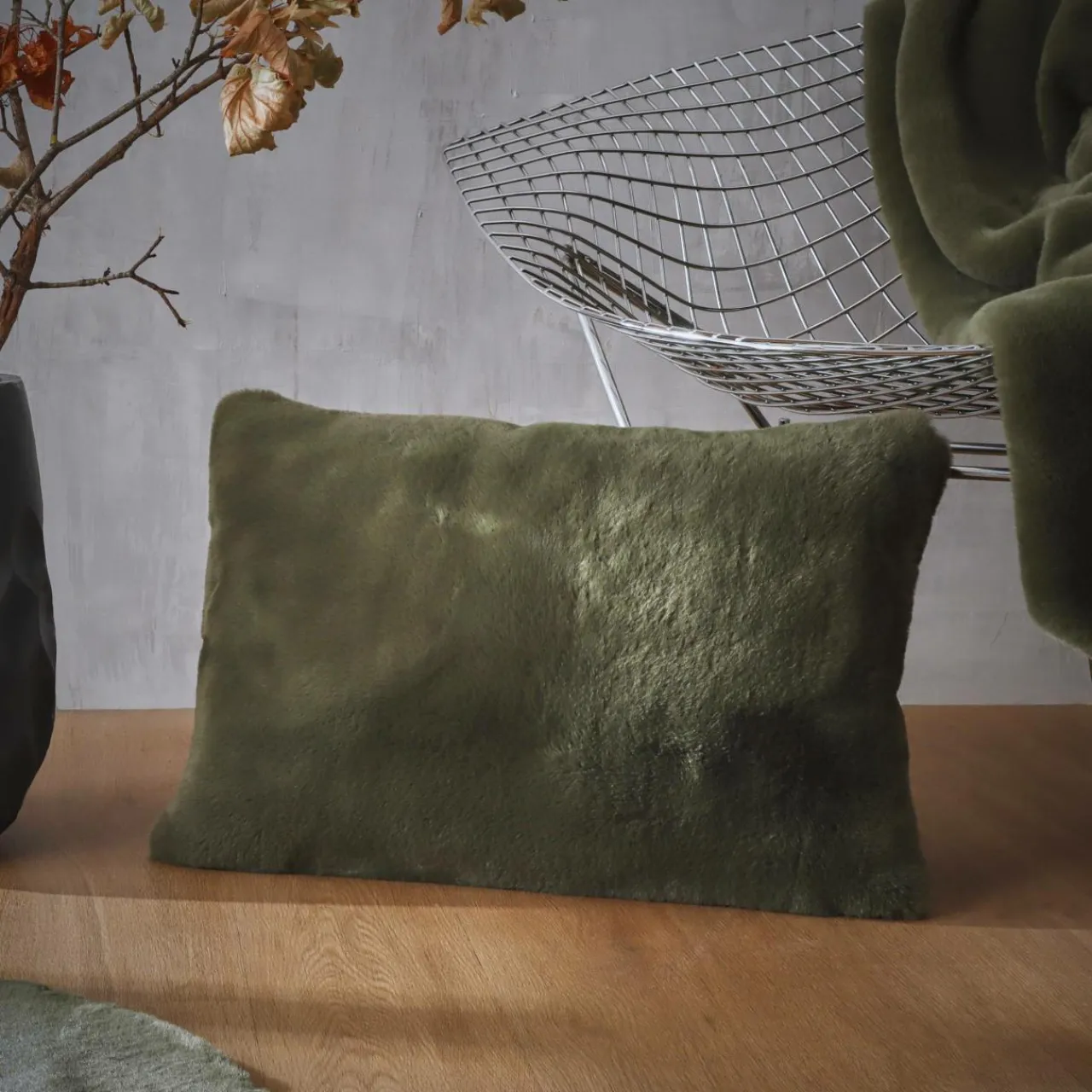 Coussin Et Housse|EMINZA Coussin rectangulaire fausse fourrure (40 x 60 cm) Finn Vert kaki