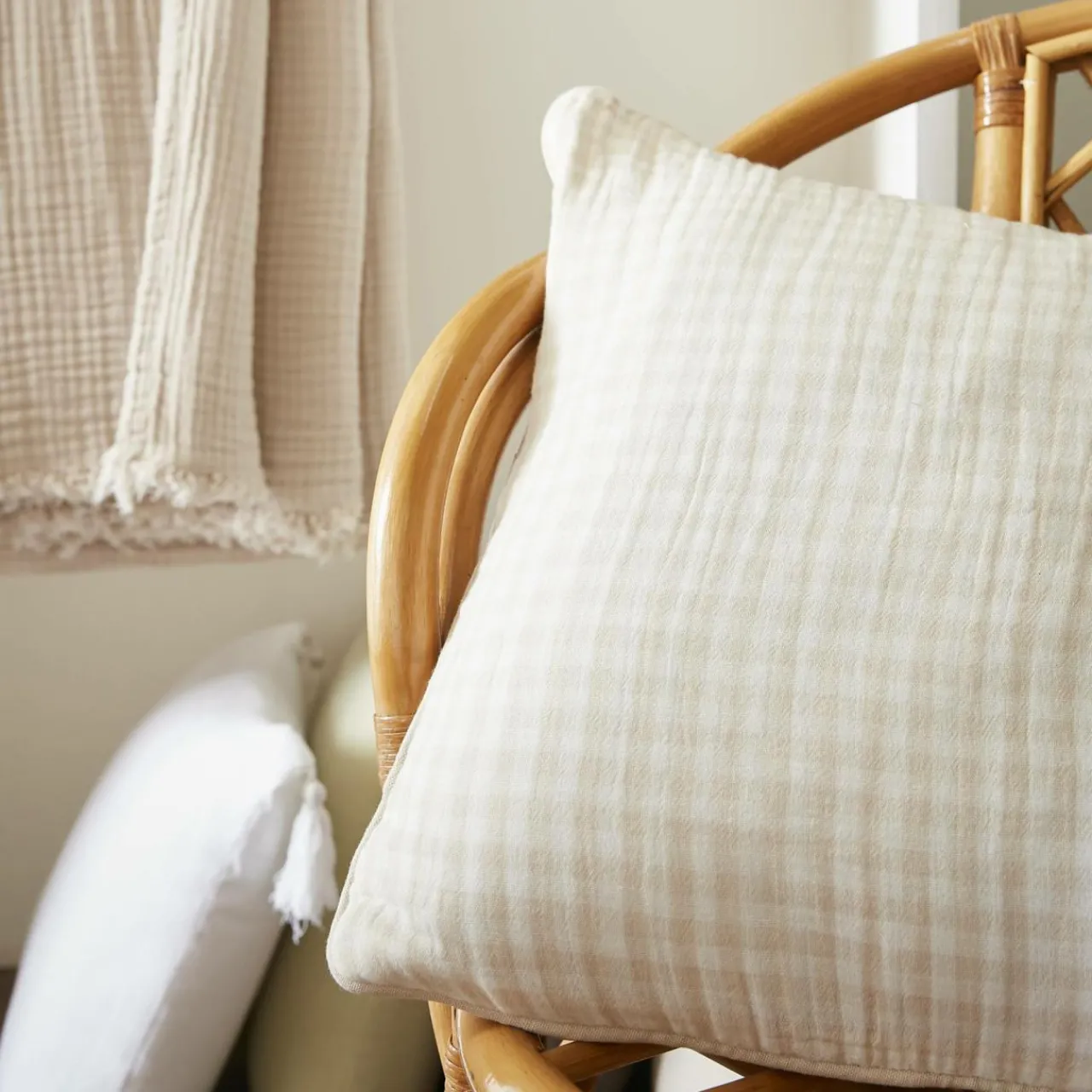 Coussin Et Housse|EMINZA Coussin rectangulaire gaze de coton (40 x 60 cm) Gaïa vichy Beige