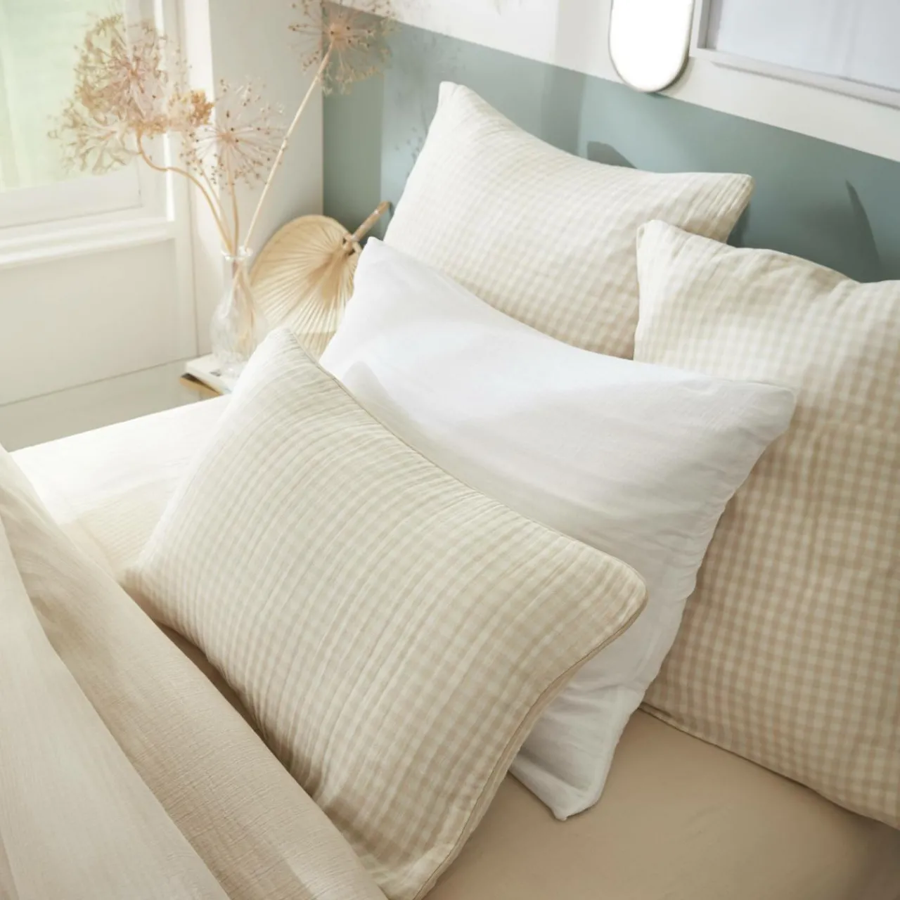 Coussin Et Housse|EMINZA Coussin rectangulaire gaze de coton (40 x 60 cm) Gaïa vichy Beige