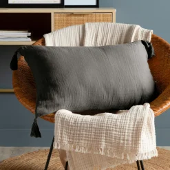 Coussin Et Housse|EMINZA Coussin rectangulaire gaze de coton (40 x 60 cm) Gaïa Gris granit Gris foncé