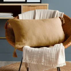 Coussin Et Housse|EMINZA Coussin rectangulaire gaze de coton (40 x 60 cm) Gaïa Camel