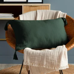Coussin Et Housse|EMINZA Coussin rectangulaire gaze de coton (40 x 60 cm) Gaïa Vert sapin