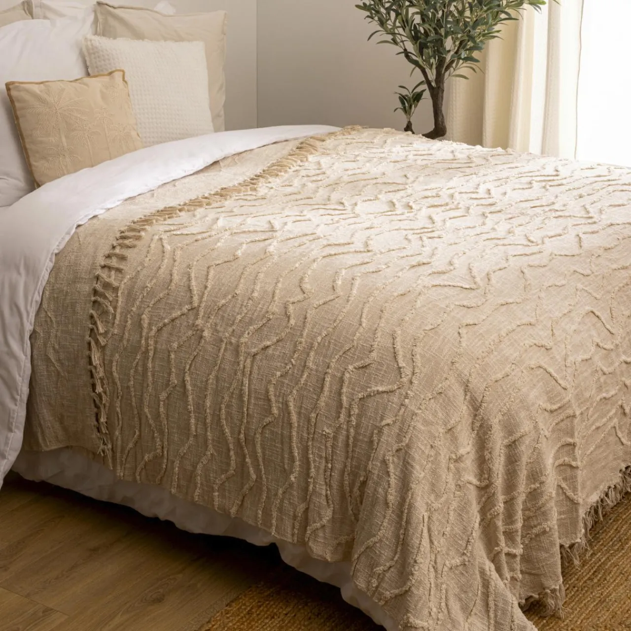 Couvre-Lit Et Édredon|ATMOSPHERA Couvre-lit coton (260 x 240 cm) Daisy Beige