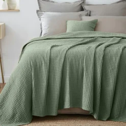 Plaid Et Jeté|Couvre-Lit Et Édredon|EMINZA Couvre-lit coton nid d'abeille (180 x 220 cm) Maya Vert romarin