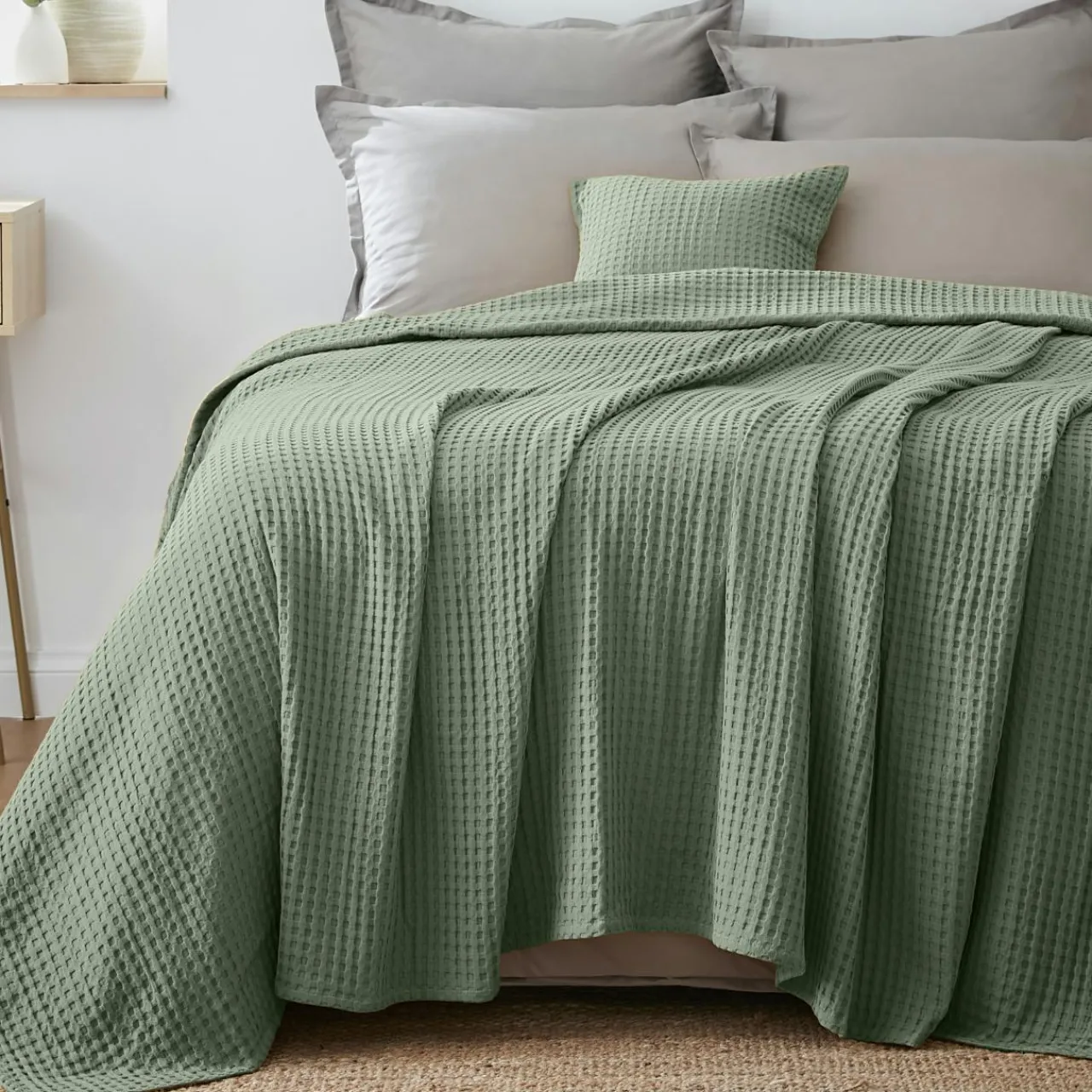 Plaid Et Jeté|Couvre-Lit Et Édredon|EMINZA Couvre-lit coton nid d'abeille (180 x 220 cm) Maya Vert romarin