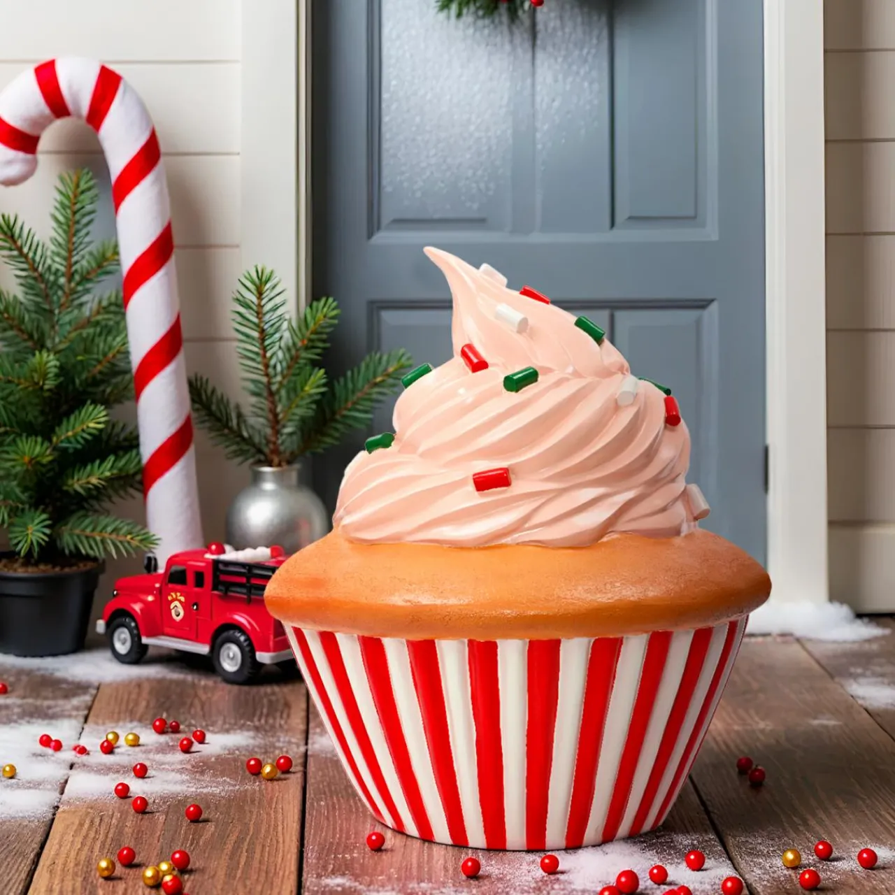 Personnage, Objet Grand Format|Déco Et Objet De Noël|KAEMINGK Cupcake de Noël Géant (H60 cm) Gourmandise colorée Rouge