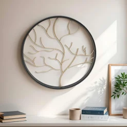 Toile, Cadre, Déco Murale|EMINZA Décoration murale ronde en métal (D28 cm) Arbre contemporain et doré Noir