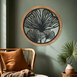 Toile, Cadre, Déco Murale|EMINZA Décoration murale ronde en métal (D60 cm) Ginkgo Noir