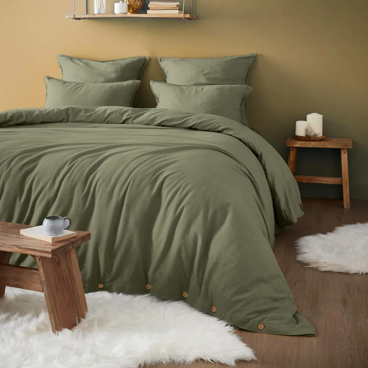 Drap Housse|EMINZA Drap housse en flanelle de coton (200 x 200 cm) Nina Vert romarin