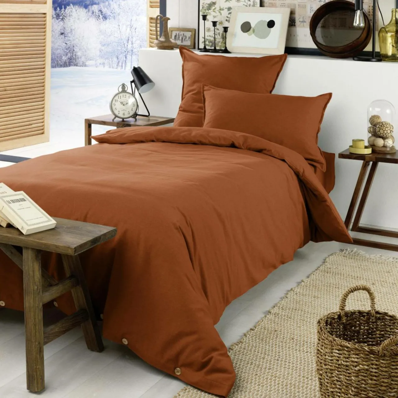 Drap Housse|EMINZA Drap housse flanelle de coton (90 x 200 cm) Nina Terracotta