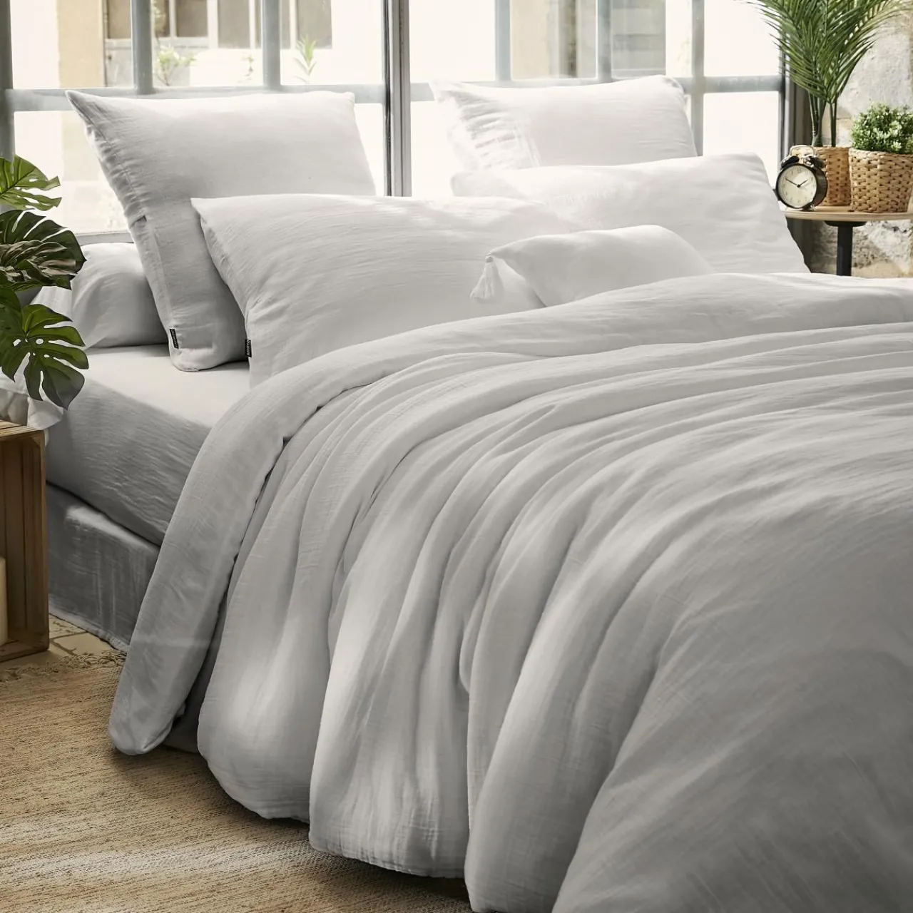 Drap Housse|EMINZA Drap housse gaze de coton (200 x 200 cm) Gaïa Gris nuage Gris clair