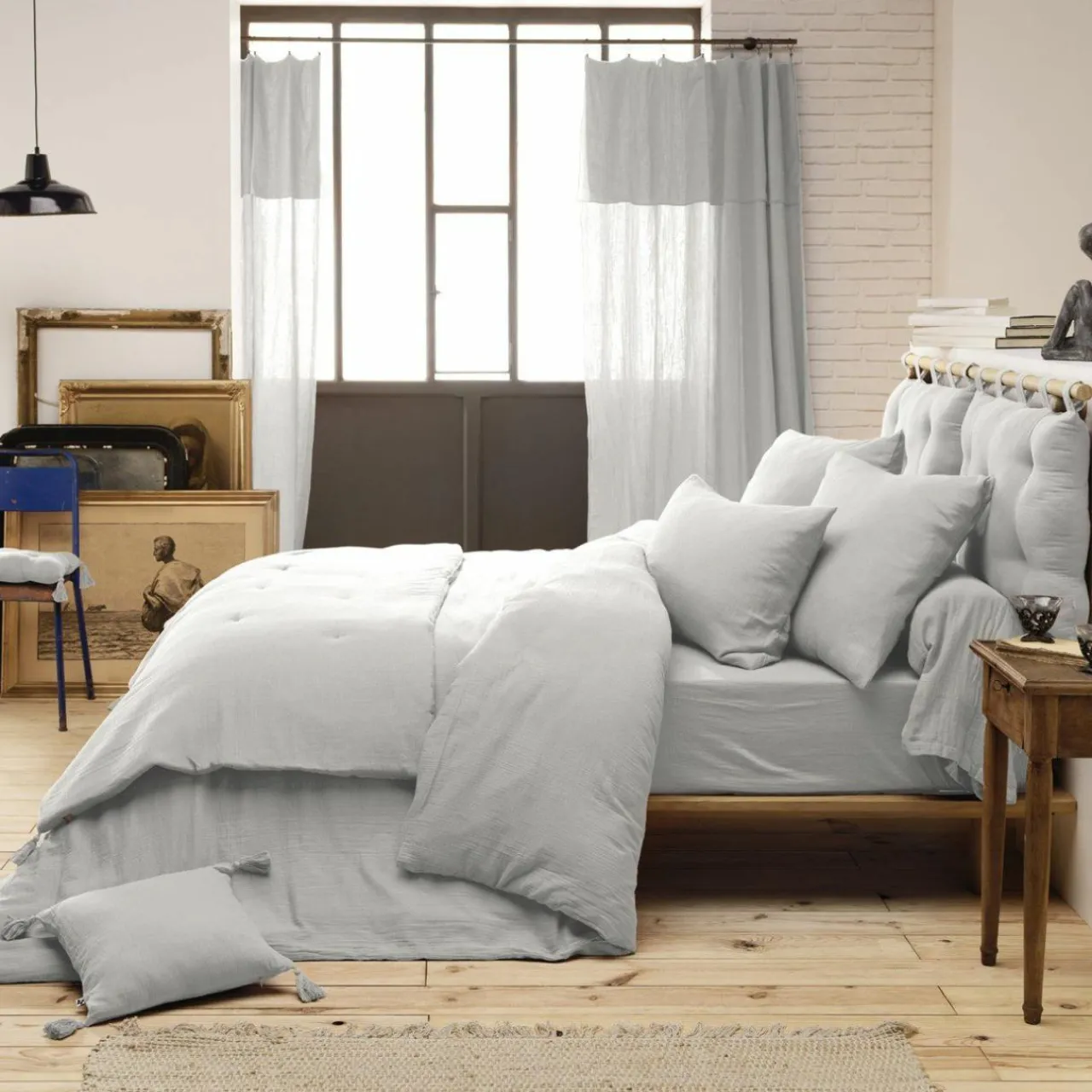 Drap Housse|EMINZA Drap housse gaze de coton (90 x 200 cm) Gaïa Gris nuage Gris clair