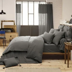 Drap Housse|EMINZA Drap housse gaze de coton (180 x 200 cm) Gaïa Gris granit Gris foncé