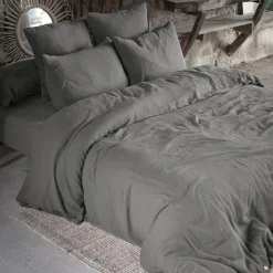 Drap Housse|EMINZA Drap housse gaze de coton (140 x 190 cm) Gaïa Gris granit Gris foncé