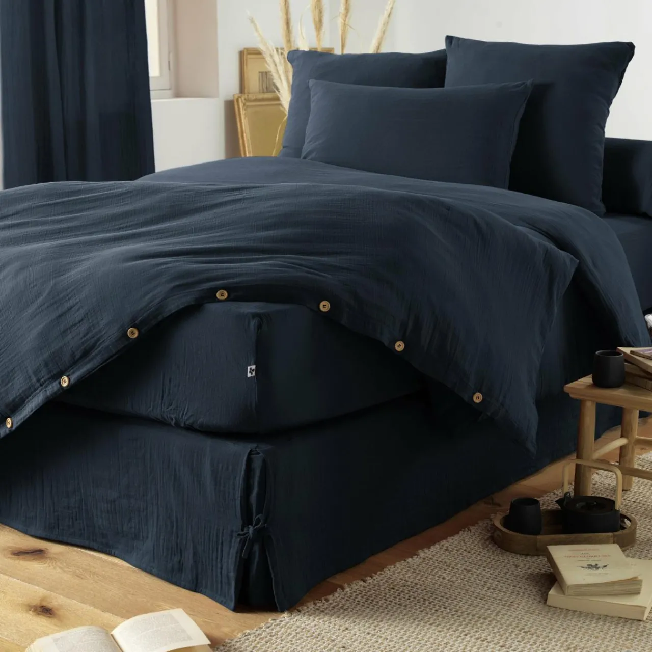 Drap Housse|EMINZA Drap housse gaze de coton (90 x 190 cm) Gaïa Bleu nuit