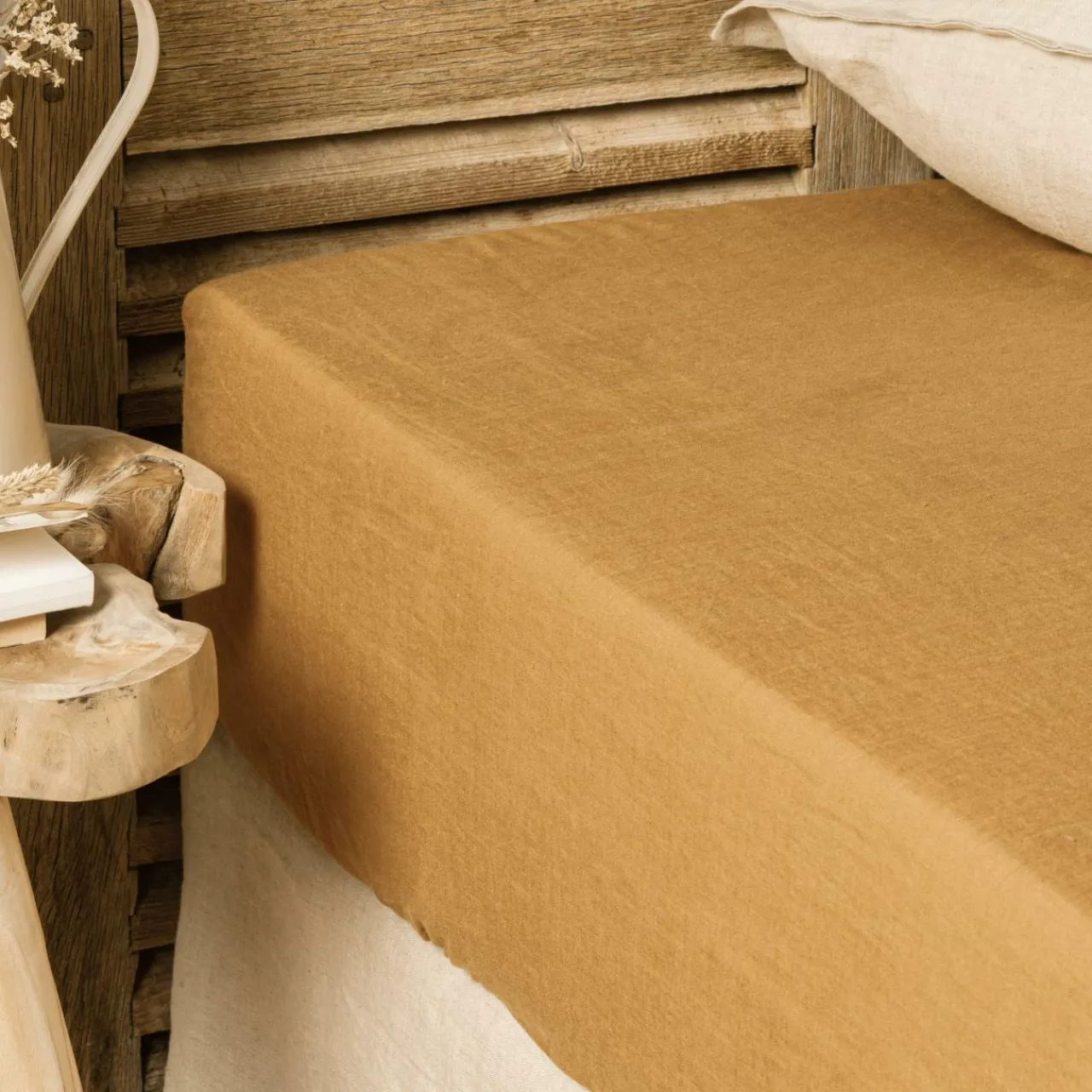 Drap Housse|EMINZA Drap housse lin lavé (180 x 200 cm) Louise Caramel
