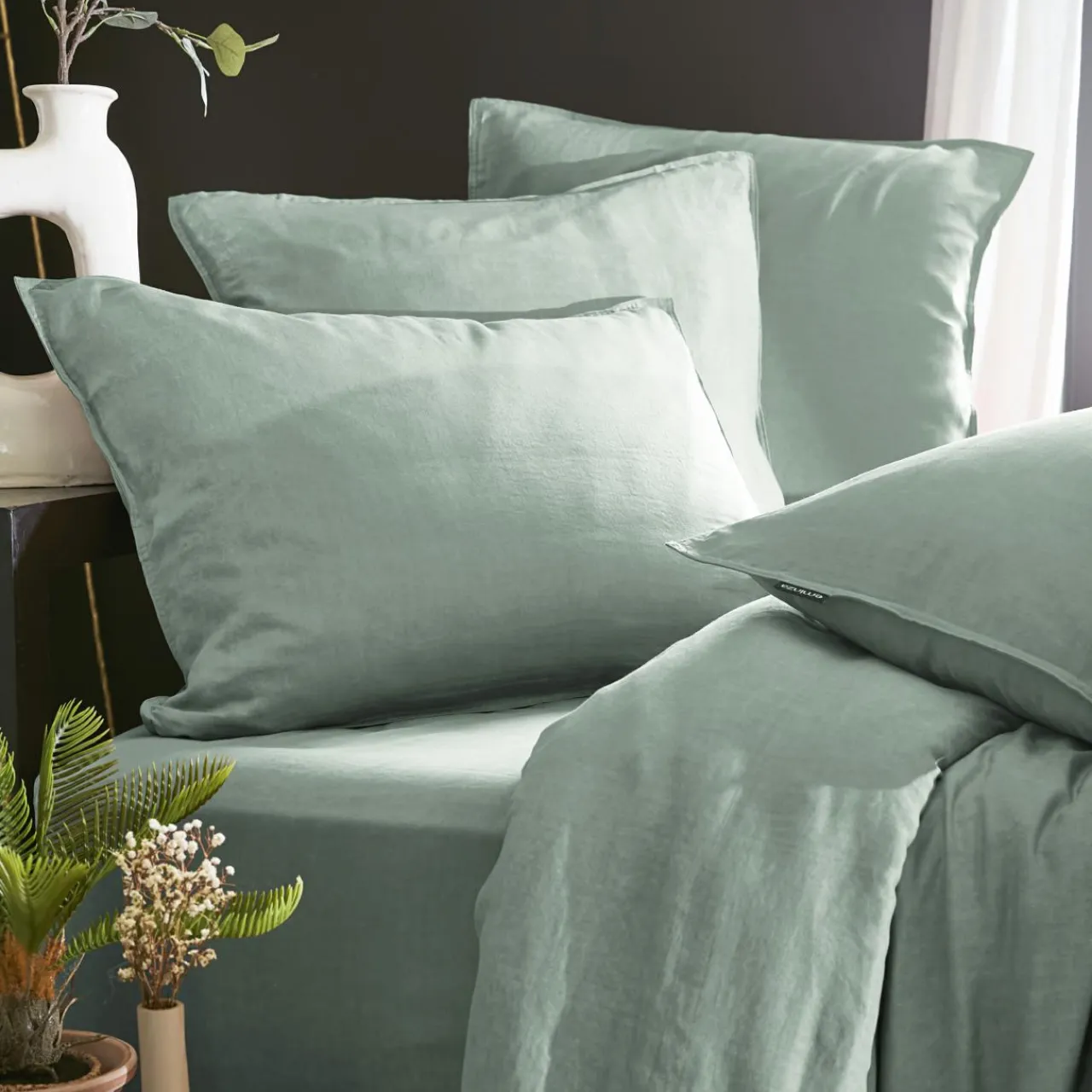 Drap Housse|EMINZA Drap housse lyocell Tencel™ lavé (90 x 190 cm) Olivia Vert Eucalyptus