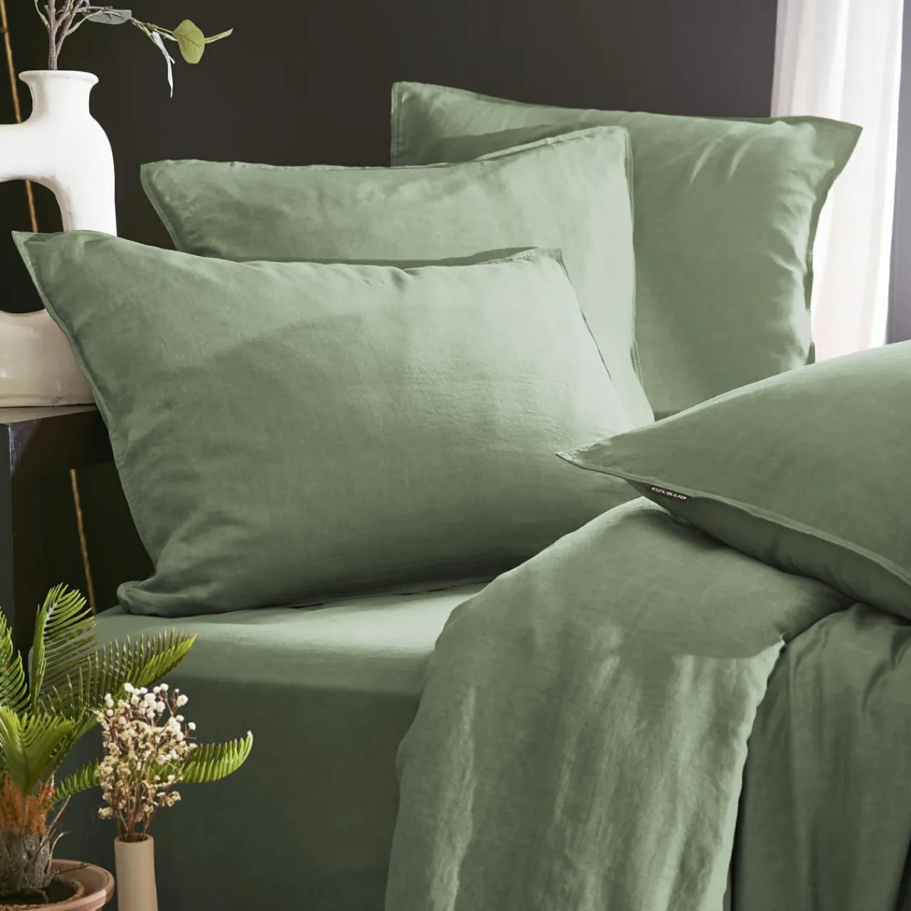 Drap Housse|EMINZA Drap housse lyocell Tencel™ lavé (140 x 200 cm) Olivia Vert romarin