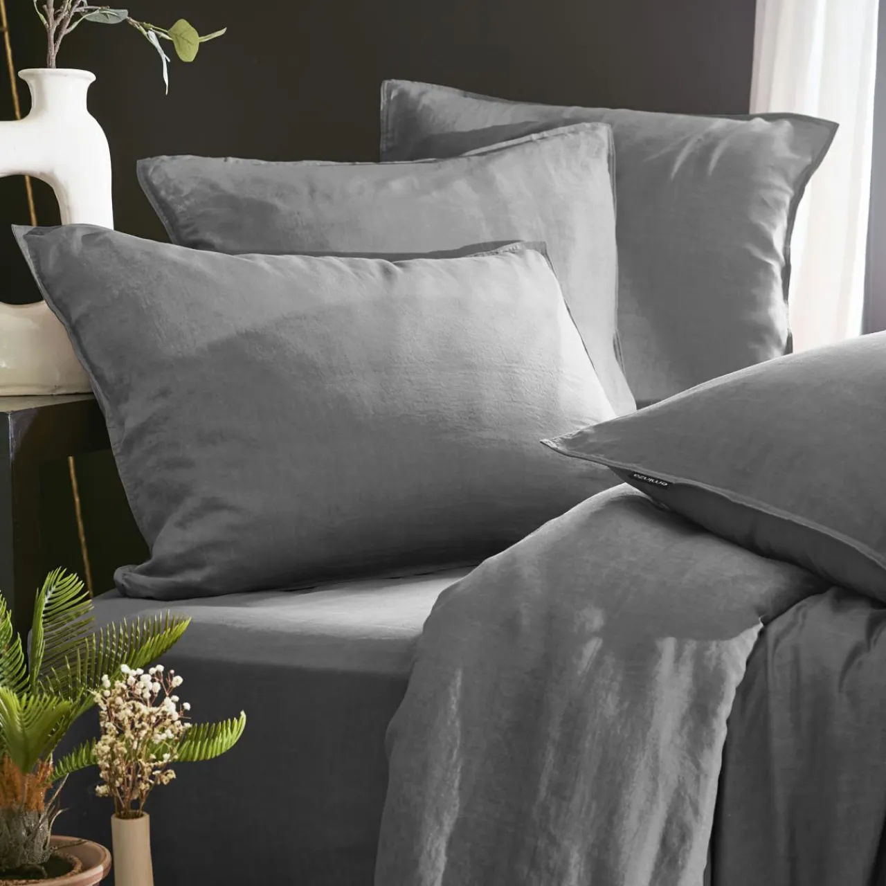 Drap Housse|EMINZA Drap housse lyocell Tencel™ lavé (200 x 200 cm) Olivia granit Gris