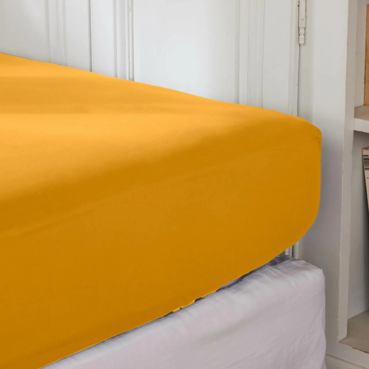 Drap Housse|EMINZA Drap housse percale de coton (200 x 200 cm) Cali Jaune moutarde