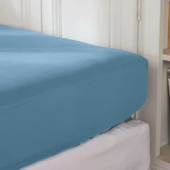 Drap Housse|EMINZA Drap housse percale de coton (200 x 200 cm) Cali Bleu Ciel