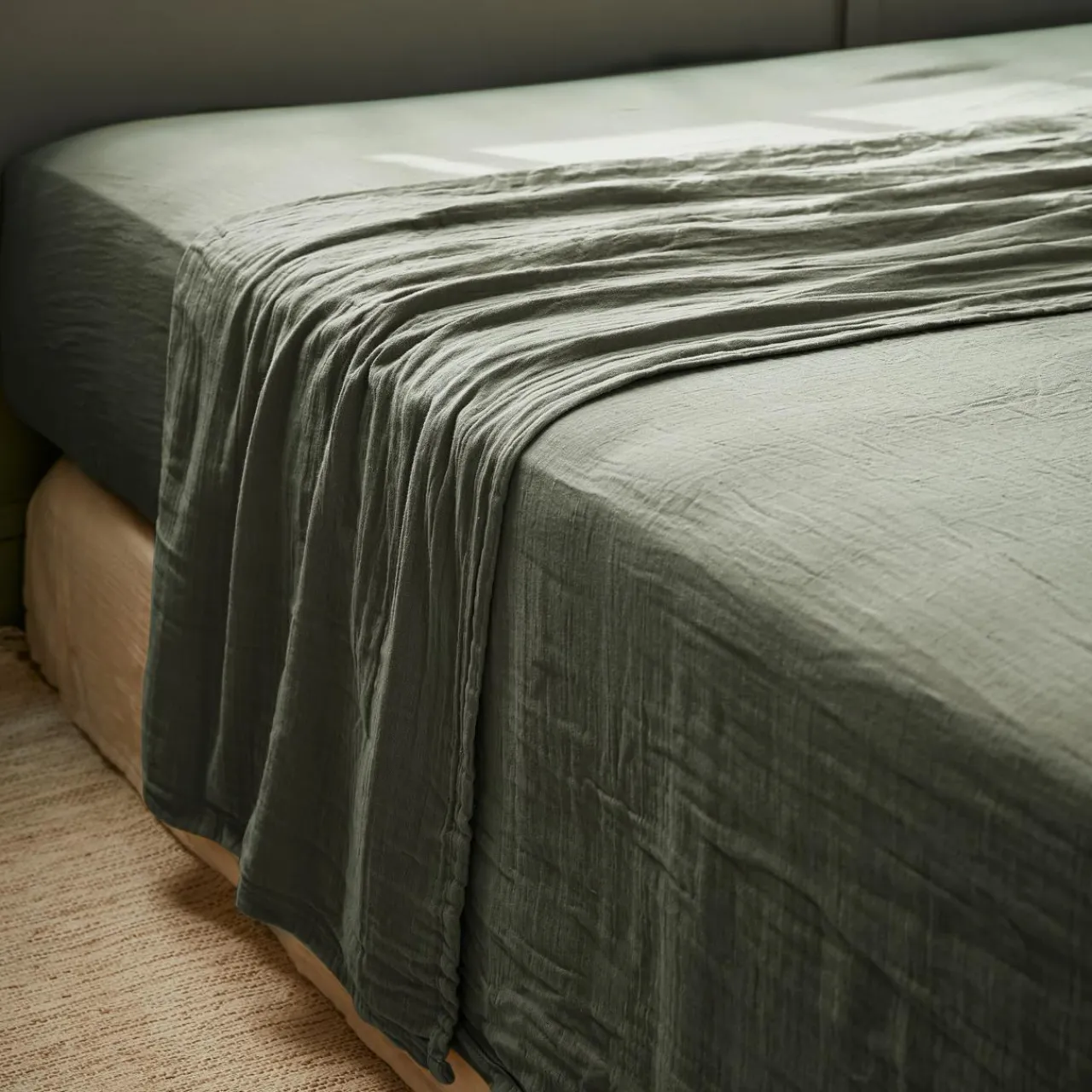 Drap Plat|EMINZA Drap plat gaze de coton (270 x 300 cm) Gaïa Vert romarin