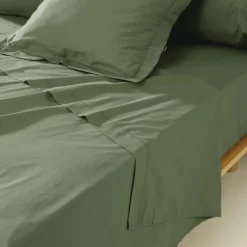 Drap Plat|EMINZA Drap plat percale de coton (270 x 300 cm) Cali Vert romarin