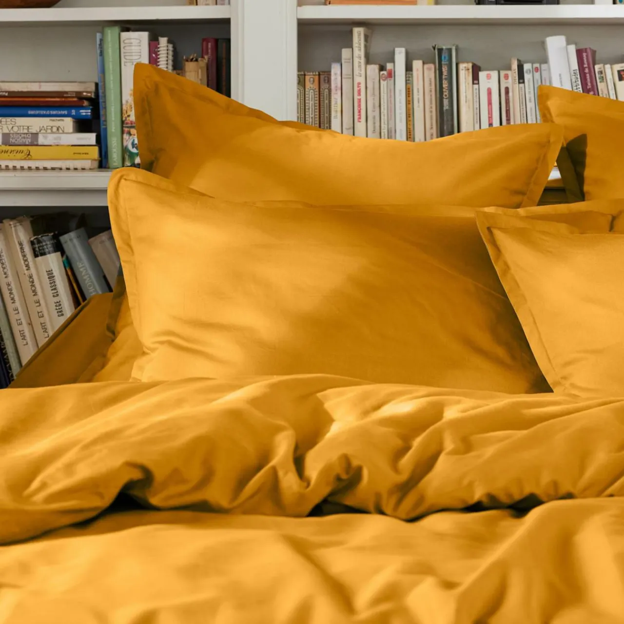 Drap Plat|EMINZA Drap plat percale de coton (240 x 300 cm) Cali Jaune moutarde
