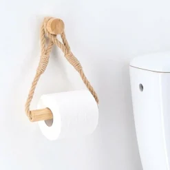 Accessoire Wc|TENDANCE Dérouleur de papier toilette adhésif bambou et corde Easy Chic Naturel