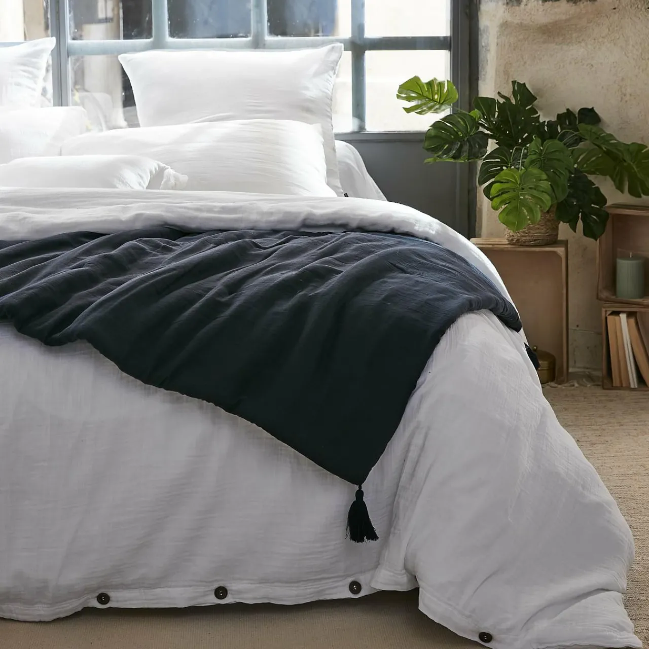 Couvre-Lit Et Édredon|EMINZA Edredon gaze de coton (90 x 200 cm) Gaïa Bleu nuit