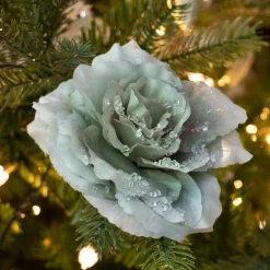 Décoration De Sapin|KAEMINGK Fleur décorative sur pince pailletée (D14 cm) Vert sauge