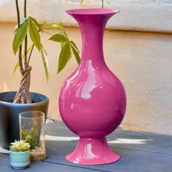 Vase|Vase|#N/A Grand Vase en métal émaillé fait main (H56 cm) Soléa fuschia brillant Rose