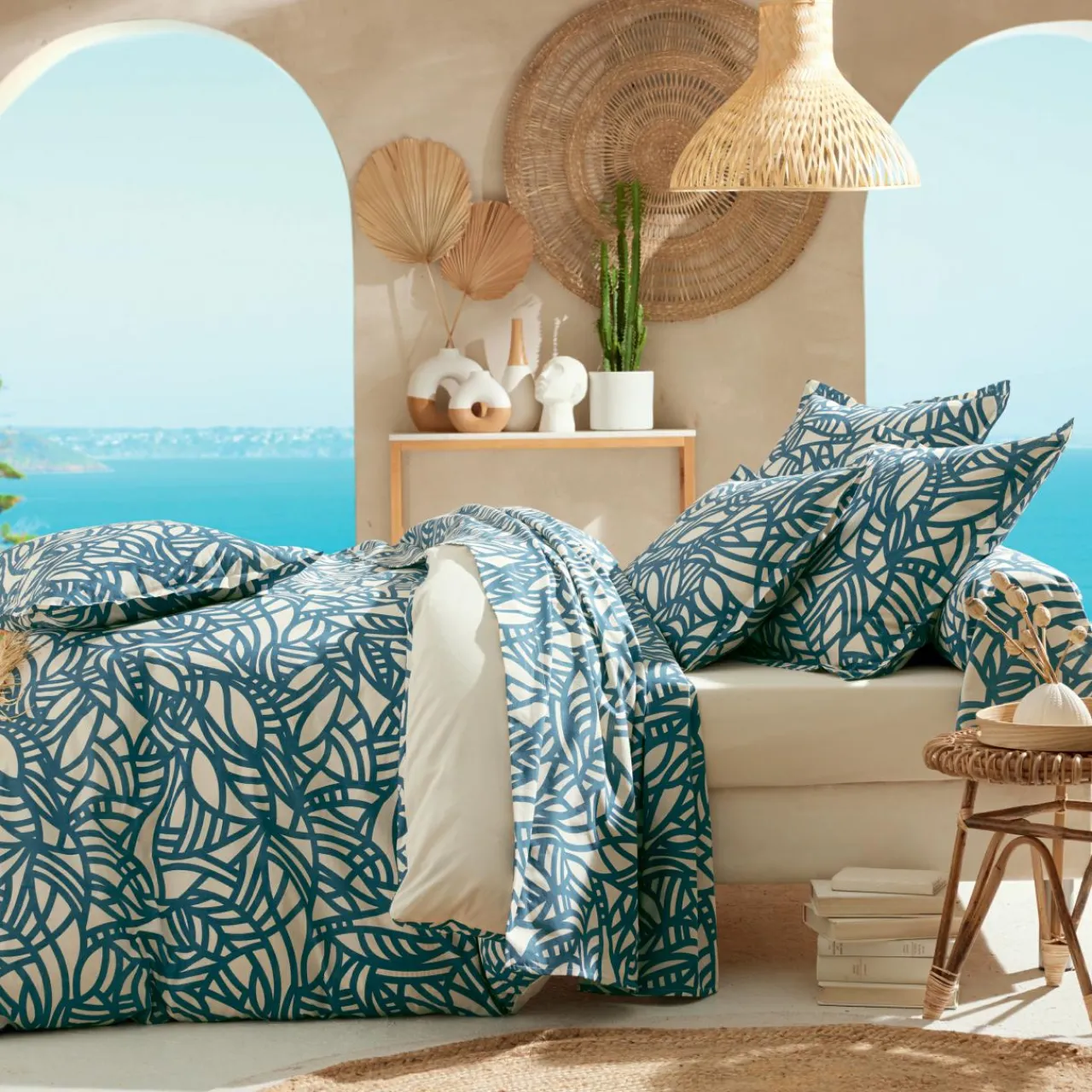 Housse De Couette|TRADI LINGE Housse de couette coton lavé (260 x 240 cm) Serena e Bleu