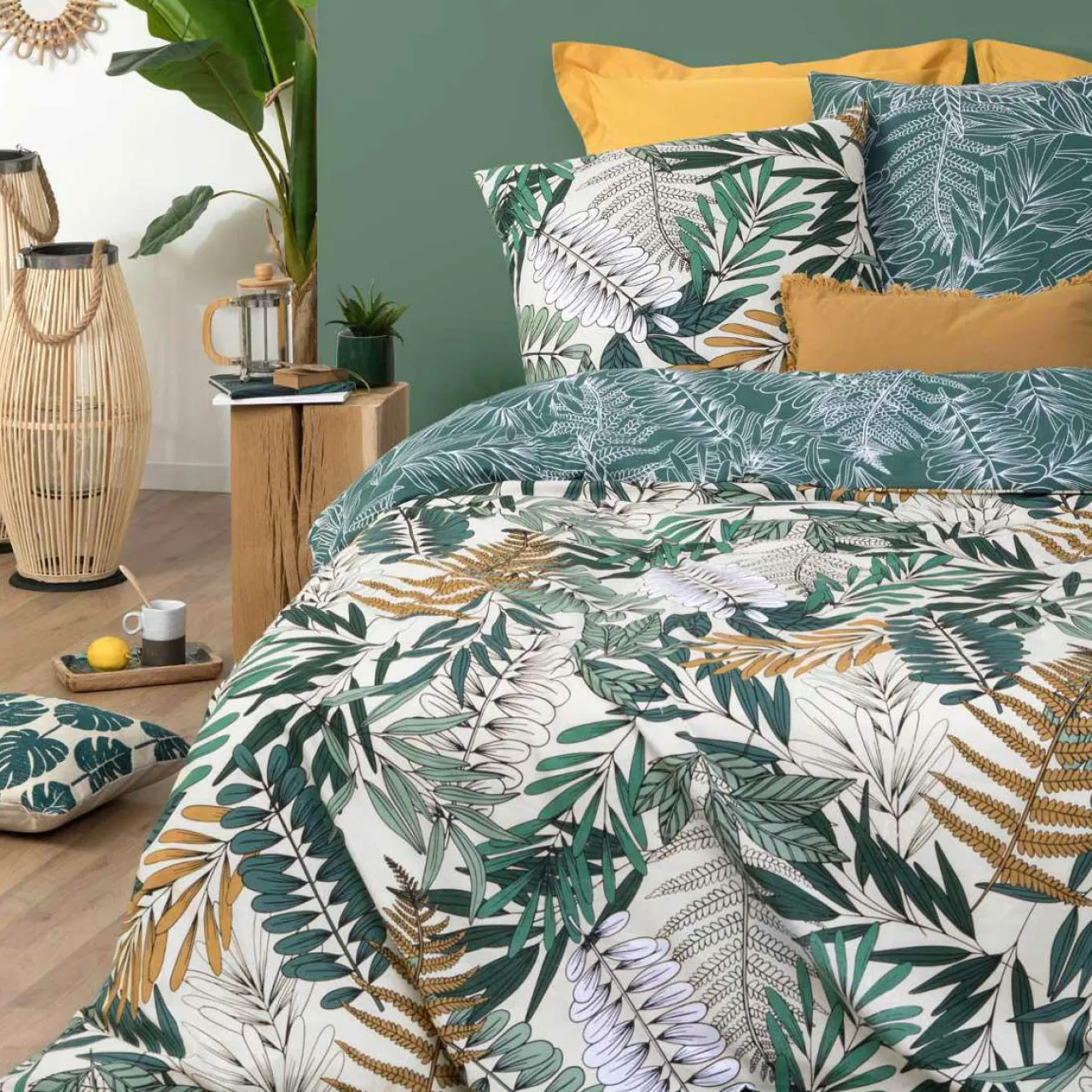 Parure De Lit|Housse De Couette|ATMOSPHERA Housse de couette et deux taies coton (240 x 220 cm) Tropik e Vert