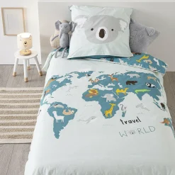 Linge De Lit Enfant|Linge De Lit Enfant|Atmosphera createur d'interieur for kids Housse de couette et une taie enfant coton (140 x 200 cm) Carte du Monde e Bleu