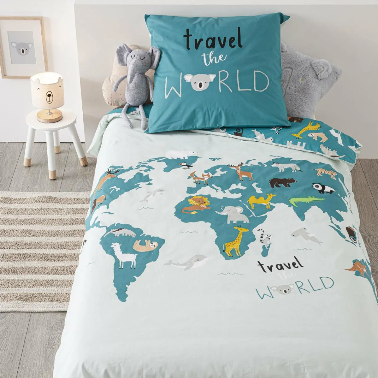 Linge De Lit Enfant|Linge De Lit Enfant|Atmosphera createur d'interieur for kids Housse de couette et une taie enfant coton (140 x 200 cm) Carte du Monde e Bleu