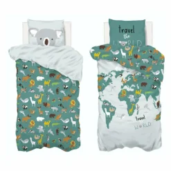 Linge De Lit Enfant|Linge De Lit Enfant|Atmosphera createur d'interieur for kids Housse de couette et une taie enfant coton (140 x 200 cm) Carte du Monde e Bleu