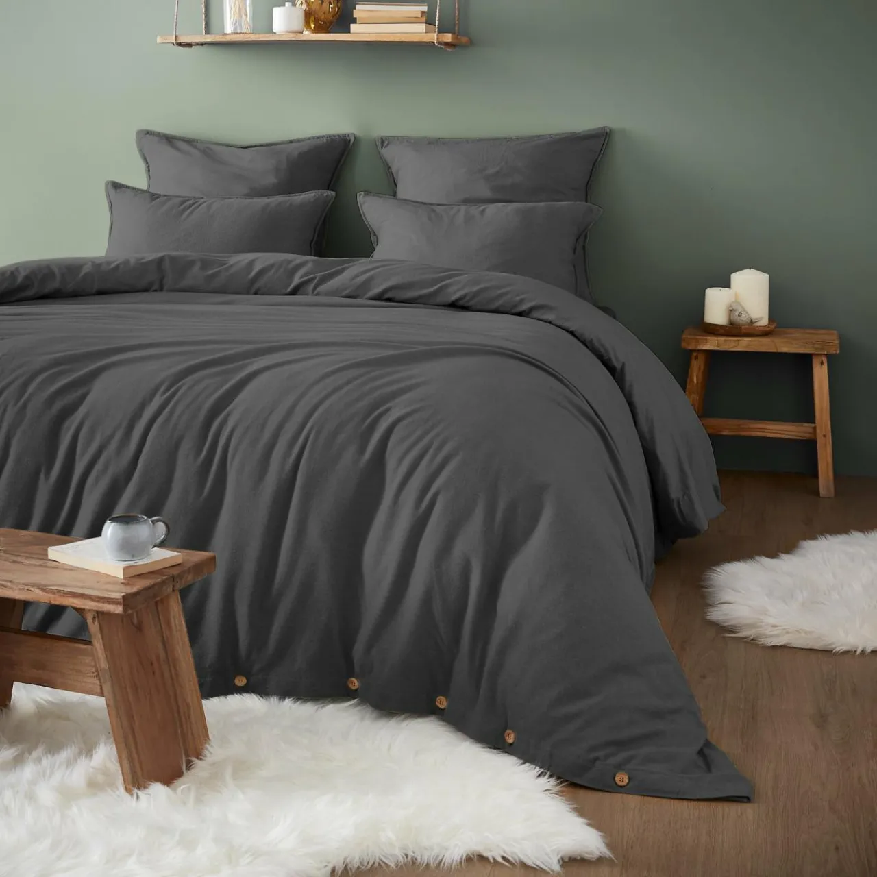 Housse De Couette|EMINZA Housse de couette flanelle de coton (200 x 200 cm) Théa Gris Anthracite