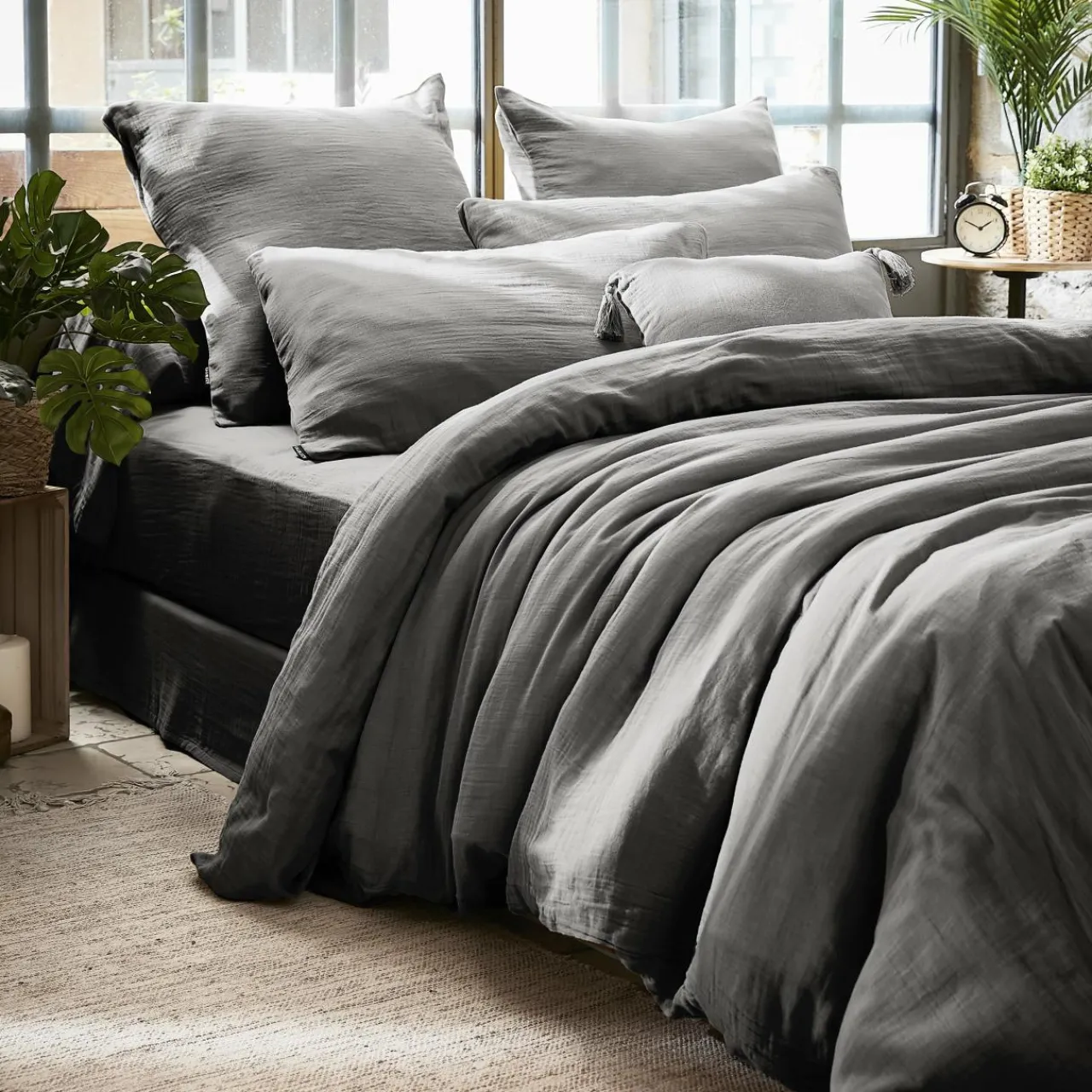 Housse De Couette|EMINZA Housse de couette gaze de coton (200 x 200 cm) Gaïa Gris granit Gris foncé