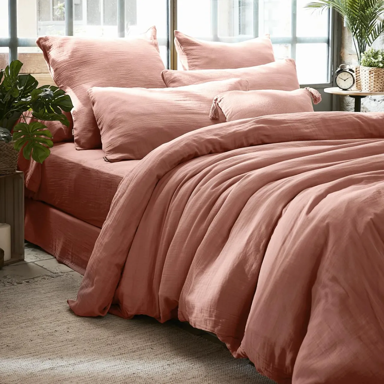 Housse De Couette|EMINZA Housse de couette gaze de coton (200 x 200 cm) Gaïa Rose Pêche